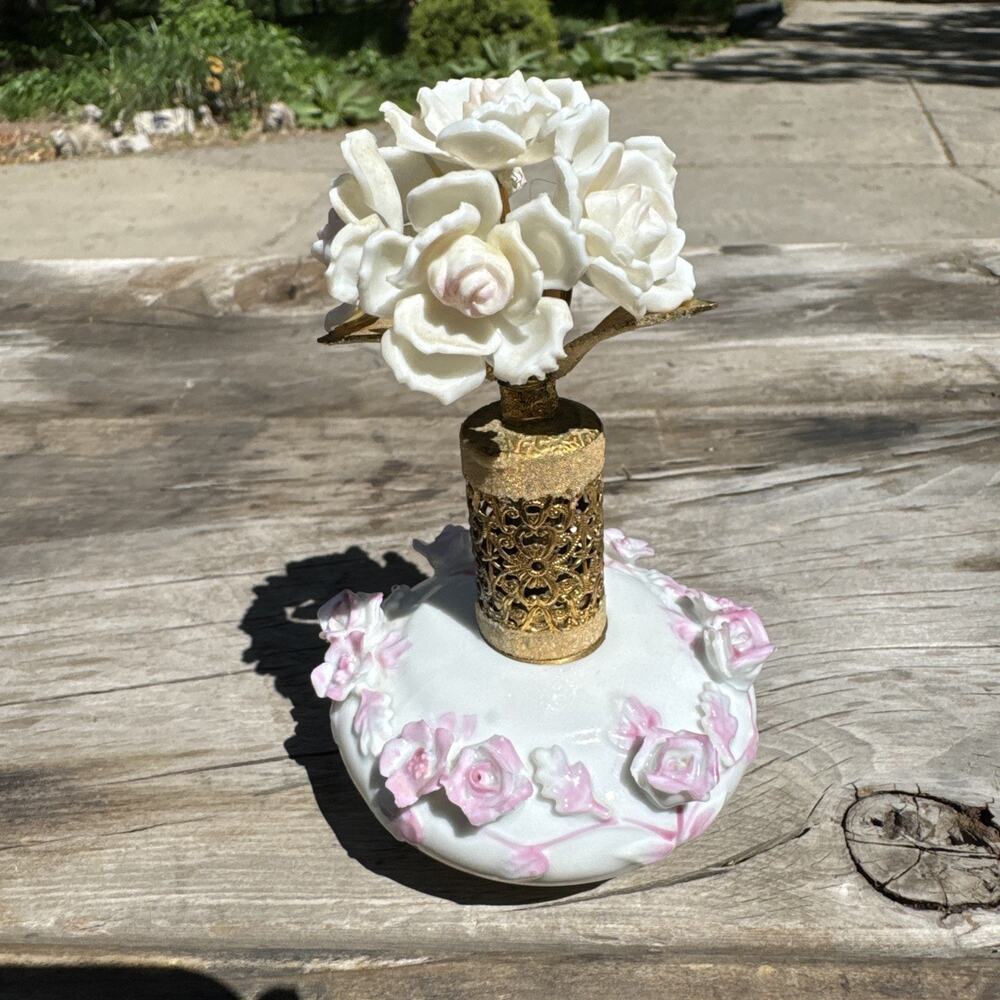 Vintage IRICE Perfume Bottle Ceramic Dainty Pink Flowers Floral Filigree READ